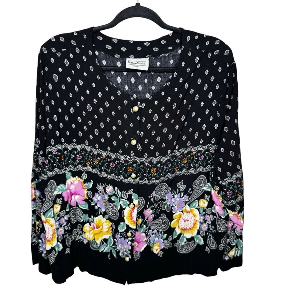 BRITTANY NICOLE II / vintage 80s black pink floral button up blouse top / L